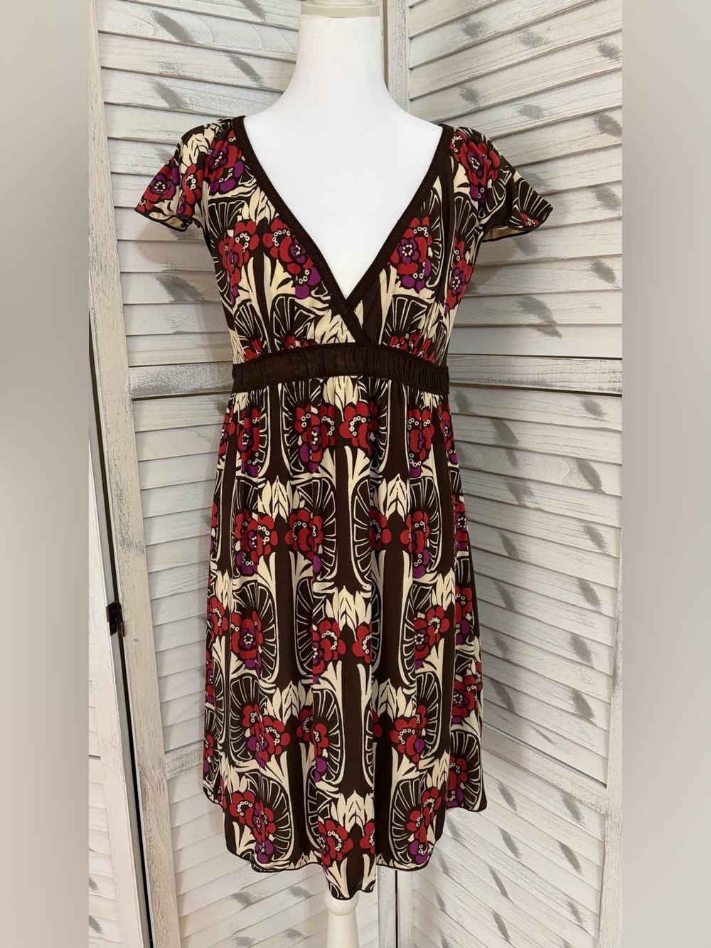 Studio M Cream and Brown Floral Midi Dress with Pink Accents